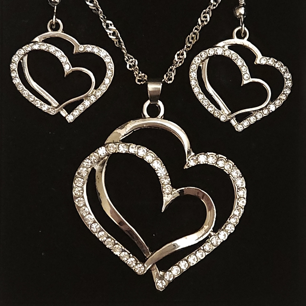 Sterling Silver And Crystal Heart Pendant And Earring Set